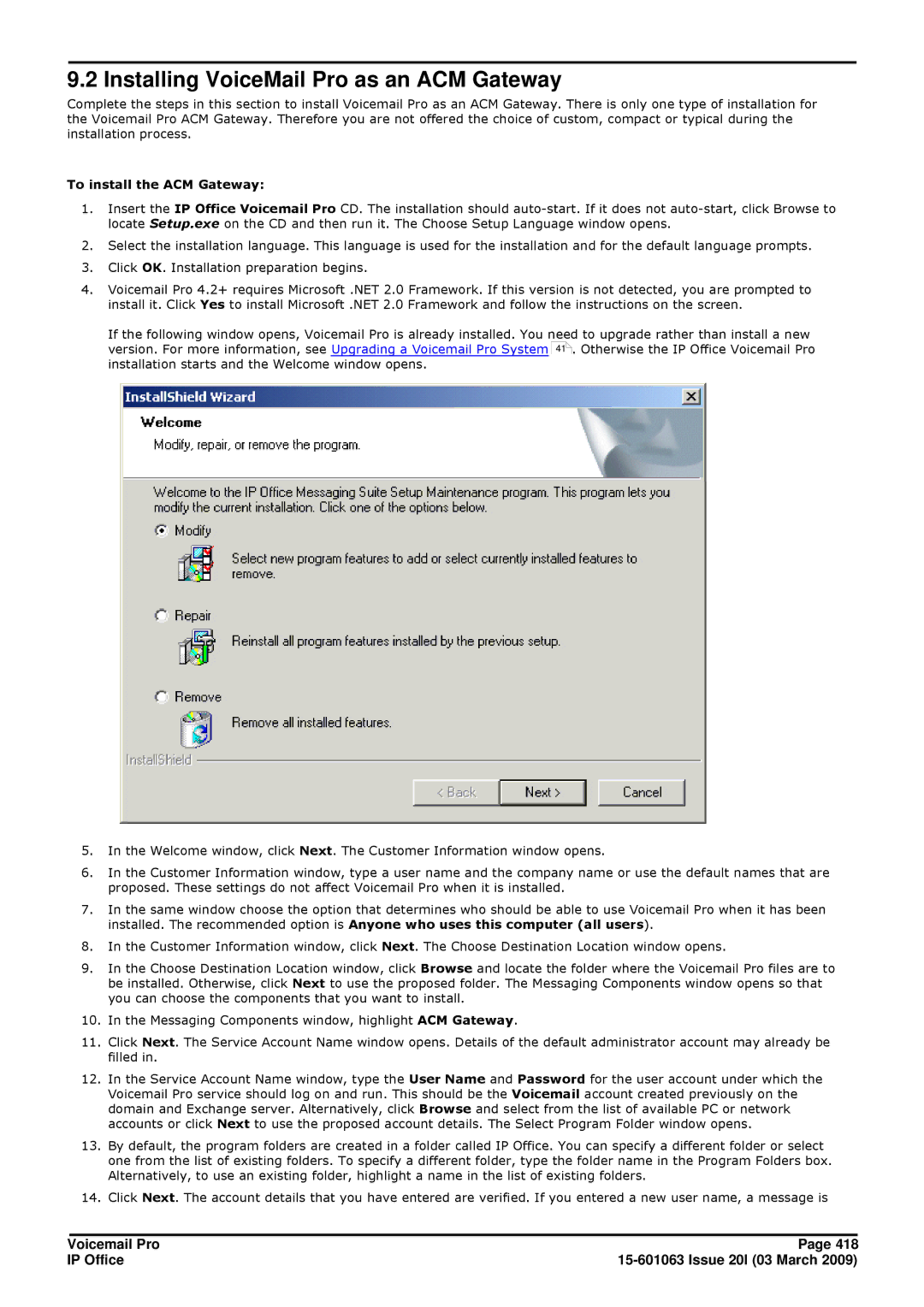 Avaya 15-601063 manual Installing VoiceMail Pro as an ACM Gateway, To install the ACM Gateway 