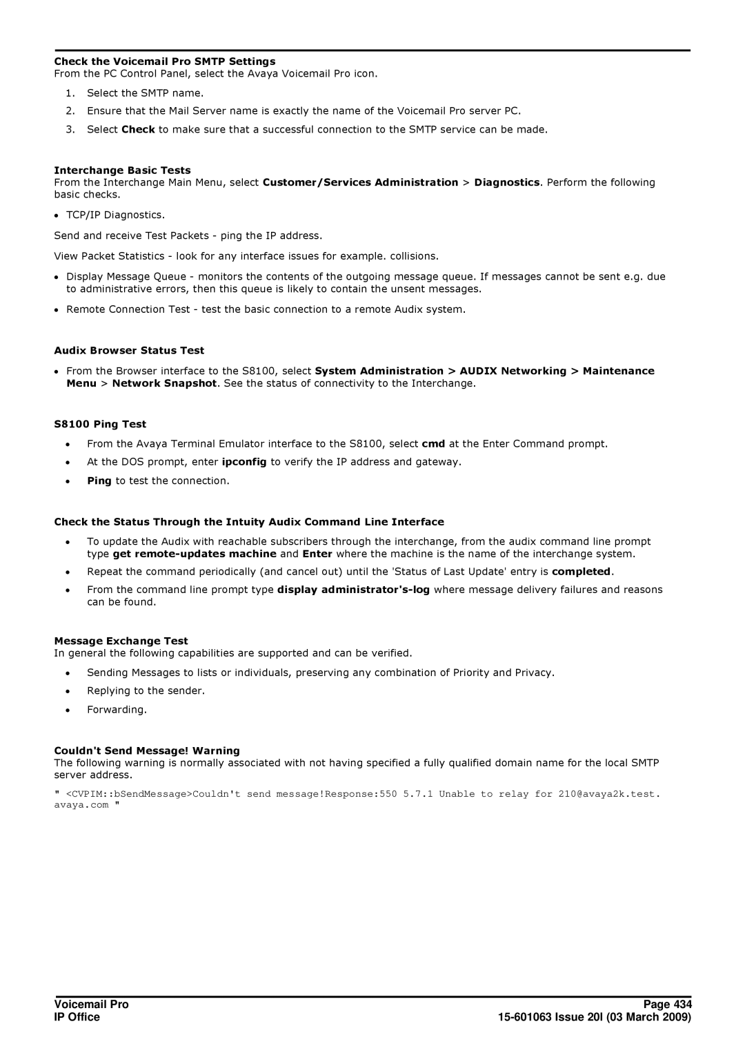 Avaya 15-601063 Check the Voicemail Pro Smtp Settings, Interchange Basic Tests, Audix Browser Status Test, S8100 Ping Test 