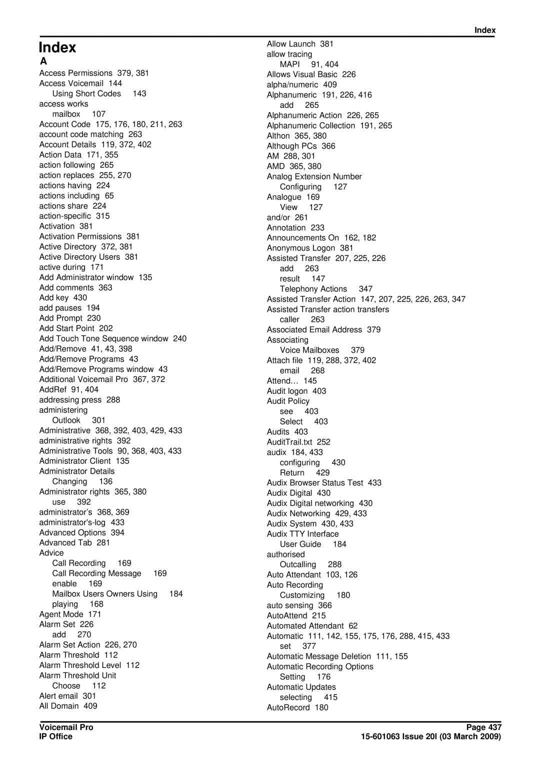 Avaya 15-601063 manual Index 