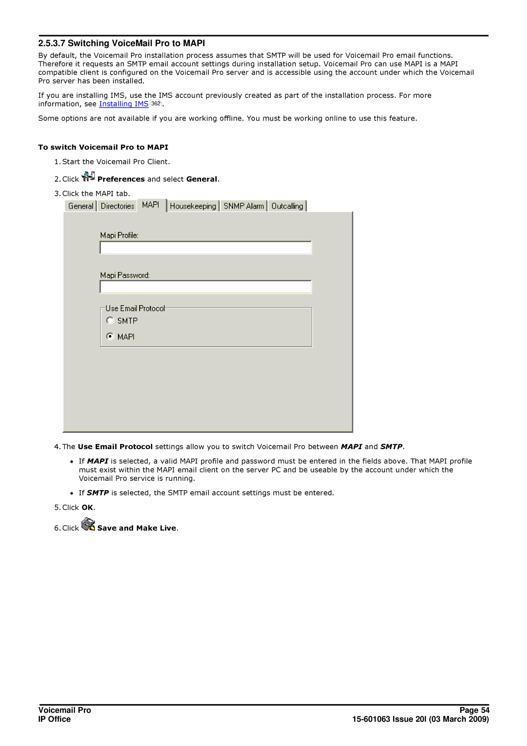 Avaya 15-601063 manual Switching VoiceMail Pro to Mapi 