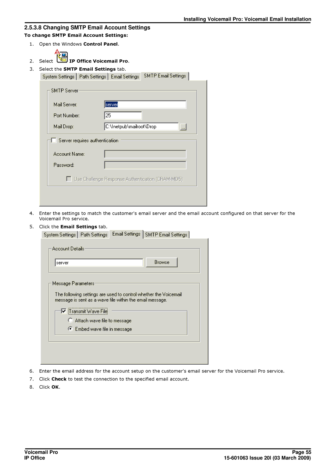 Avaya 15-601063 Changing Smtp Email Account Settings, To change Smtp Email Account Settings, Click the Email Settings tab 