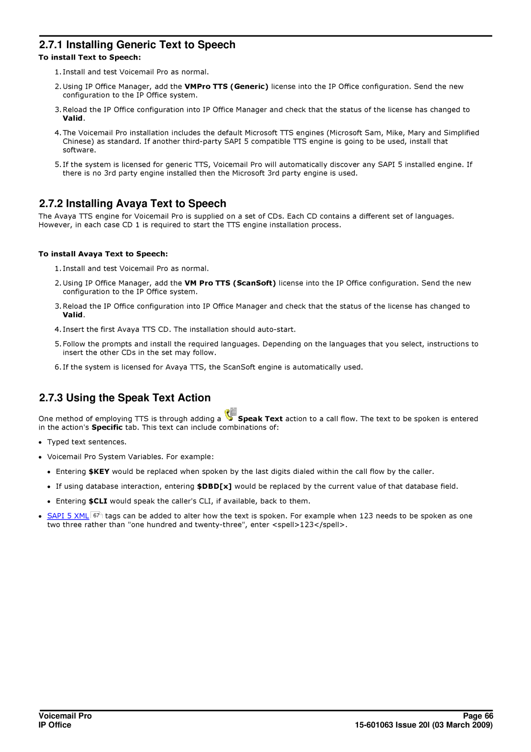 Avaya 15-601063 manual Installing Generic Text to Speech, Installing Avaya Text to Speech, Using the Speak Text Action 