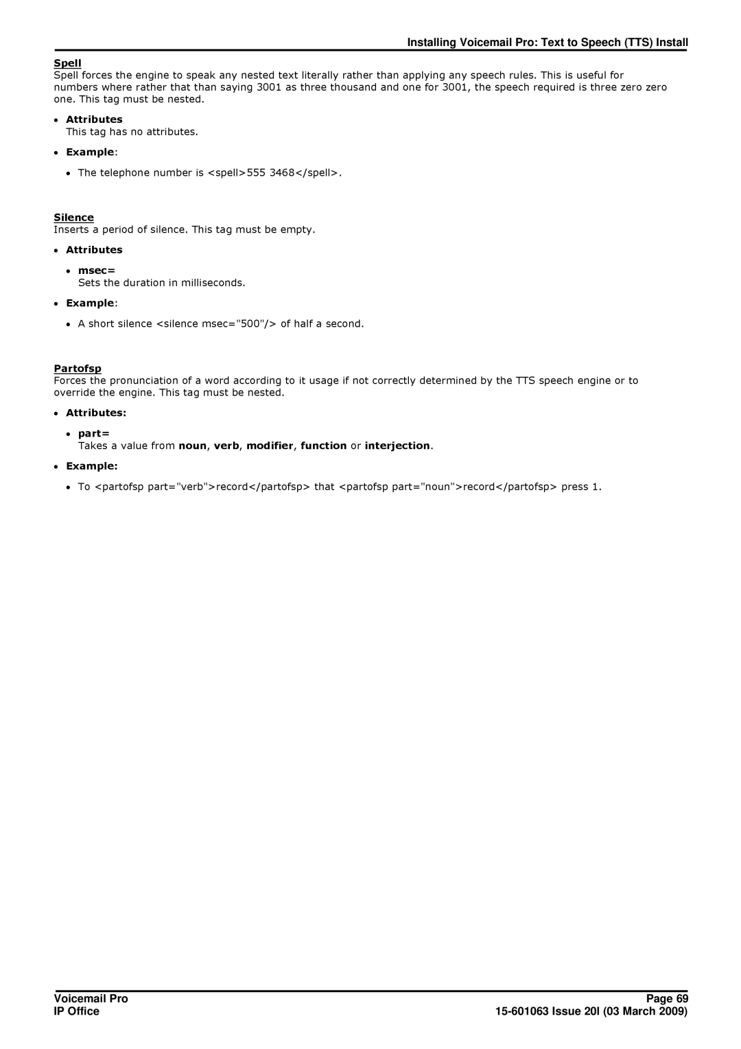 Avaya 15-601063 manual Spell, Silence, ∙ Attributes ∙ msec=, Partofsp 