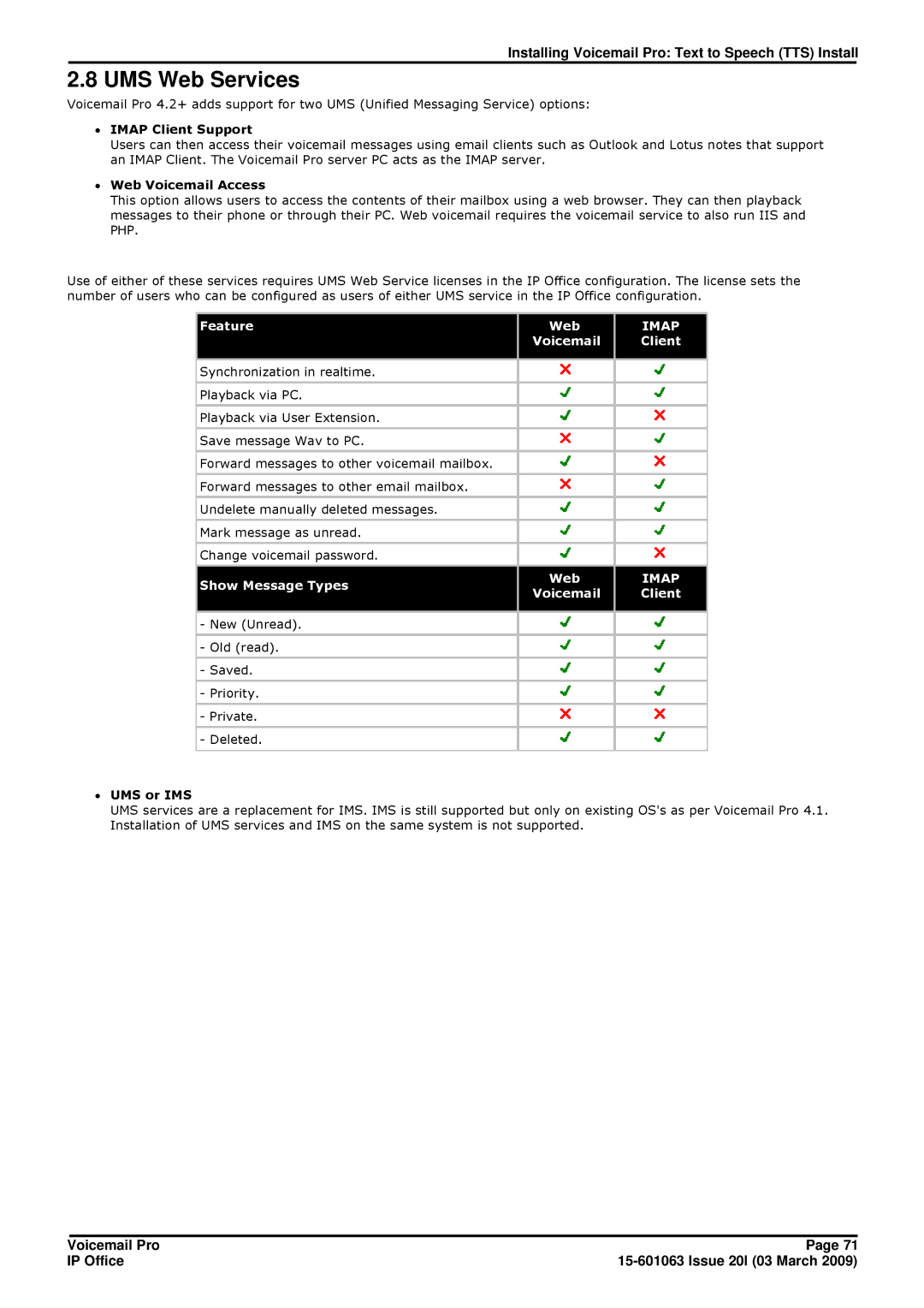 Avaya 15-601063 manual UMS Web Services, ∙ Imap Client Support, ∙ Web Voicemail Access, ∙ UMS or IMS 