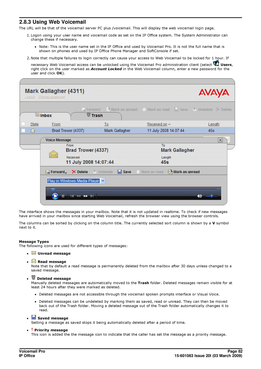 Avaya 15-601063 Using Web Voicemail, Message Types, ∙ Unread message ∙ Read message ∙ Deleted message, ∙ Saved message 