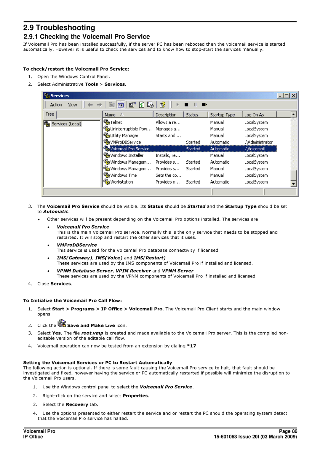 Avaya 15-601063 manual Troubleshooting, Checking the Voicemail Pro Service 