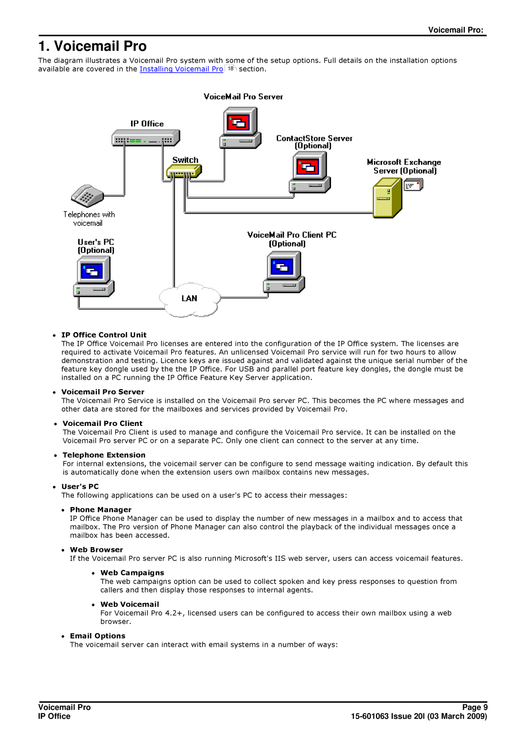 Avaya 15-601063 manual ∙ IP Office Control Unit, ∙ Voicemail Pro Server, ∙ Voicemail Pro Client, ∙ Telephone Extension 