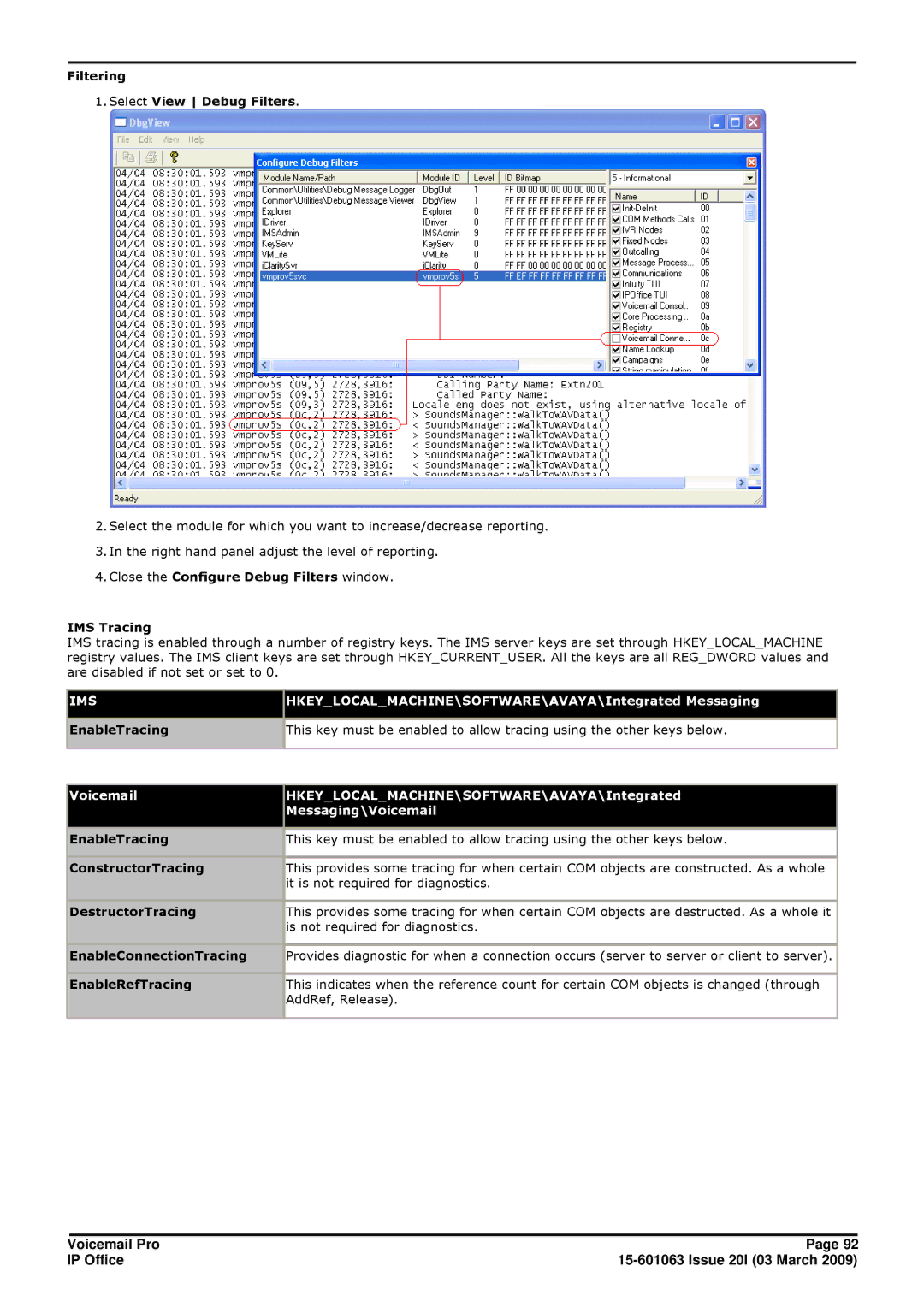 Avaya 15-601063 Filtering Select View Debug Filters, Close the Configure Debug Filters window IMS Tracing, AddRef, Release 