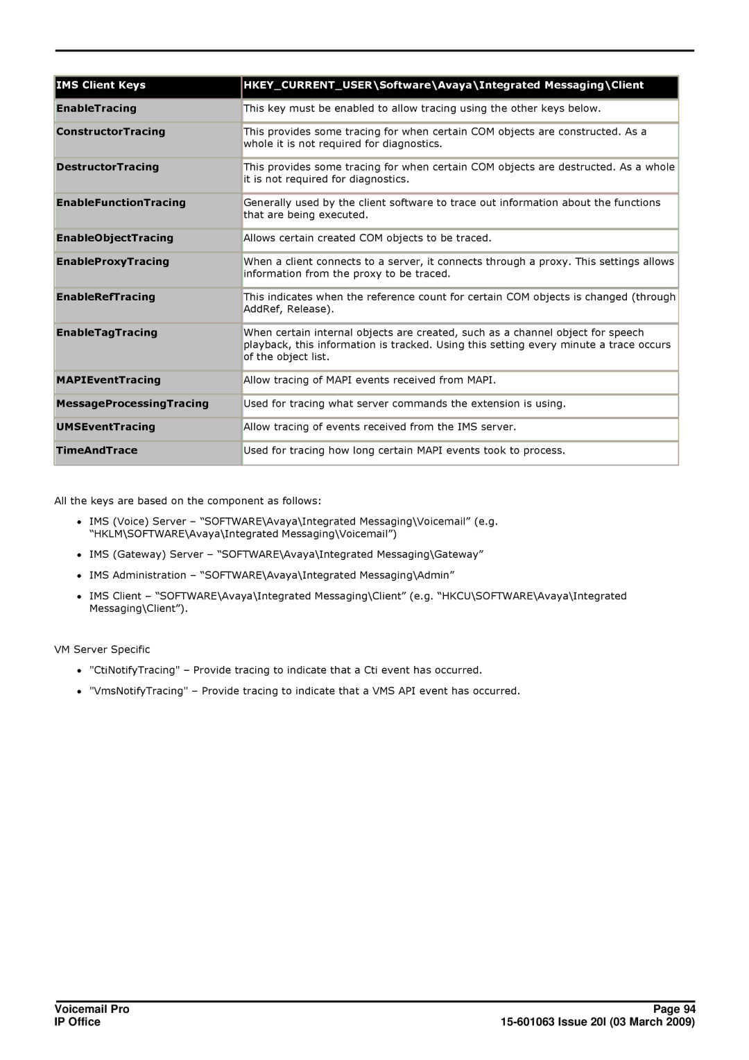 Avaya 15-601063 manual EnableTracing, MAPIEventTracing, MessageProcessingTracing, UMSEventTracing, TimeAndTrace 