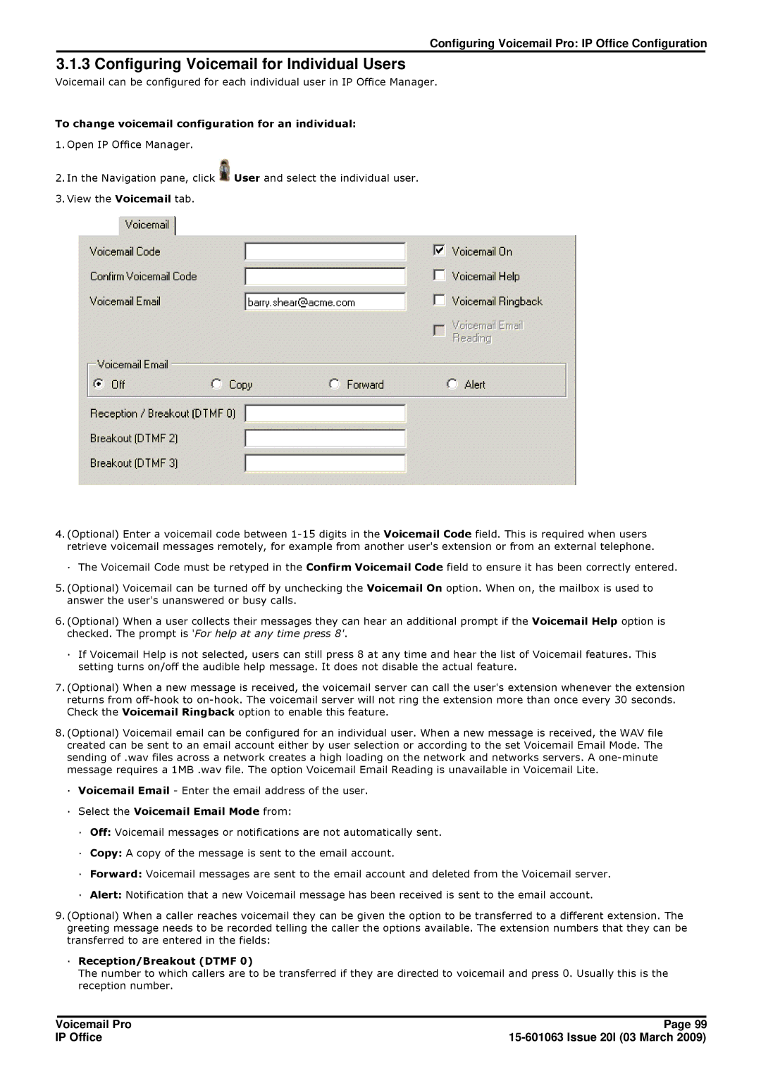 Avaya 15-601063 manual Configuring Voicemail for Individual Users, To change voicemail configuration for an individual 