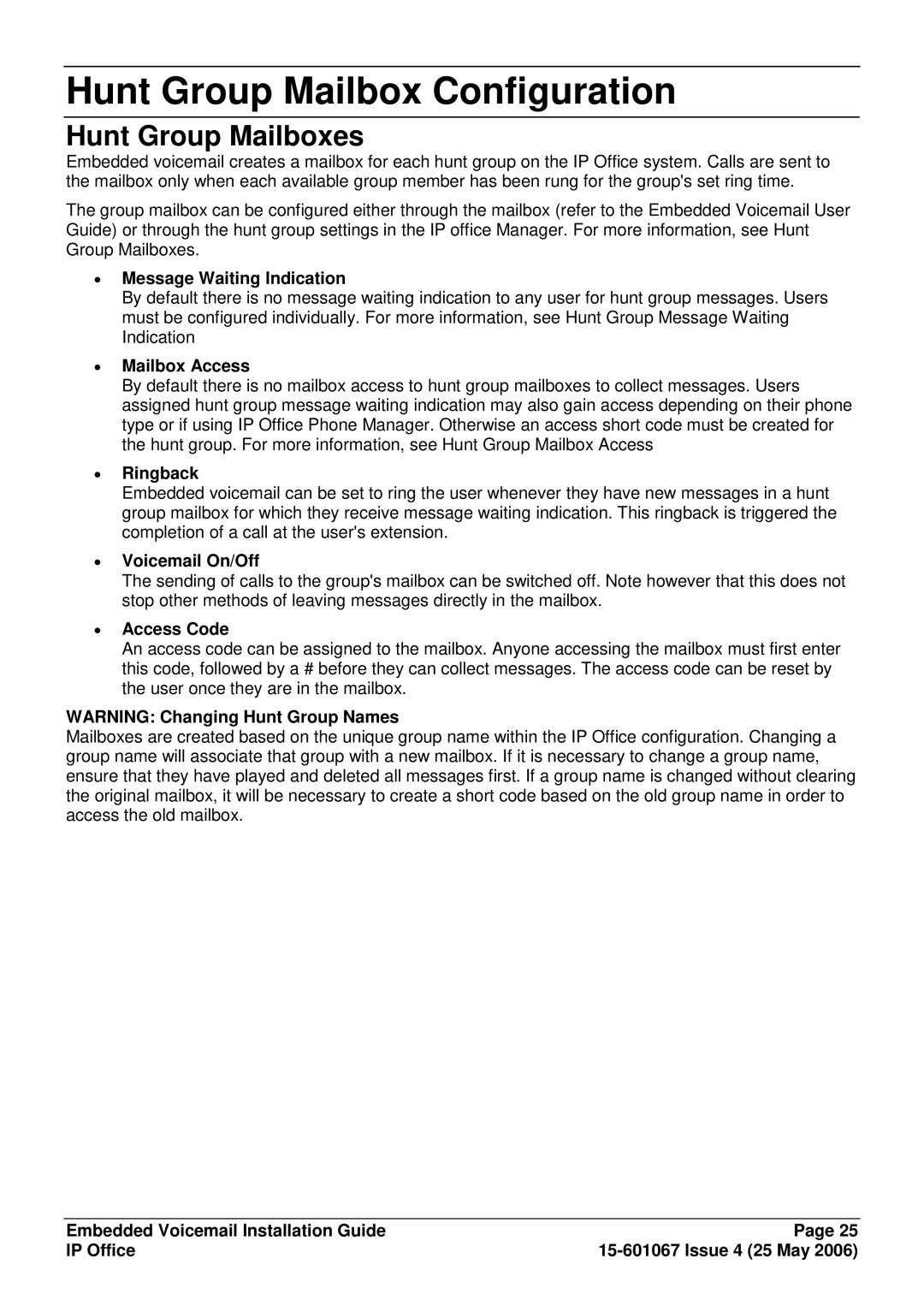 Avaya 15-601067 manual Hunt Group Mailbox Configuration, Hunt Group Mailboxes 