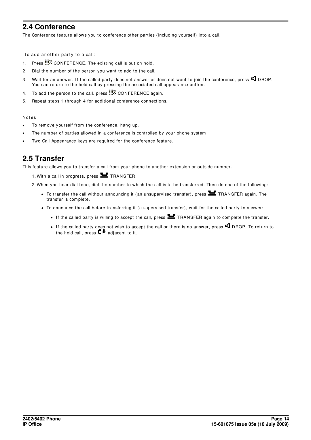 Avaya 15-601075 manual Conference, Transfer, To add another party to a call 