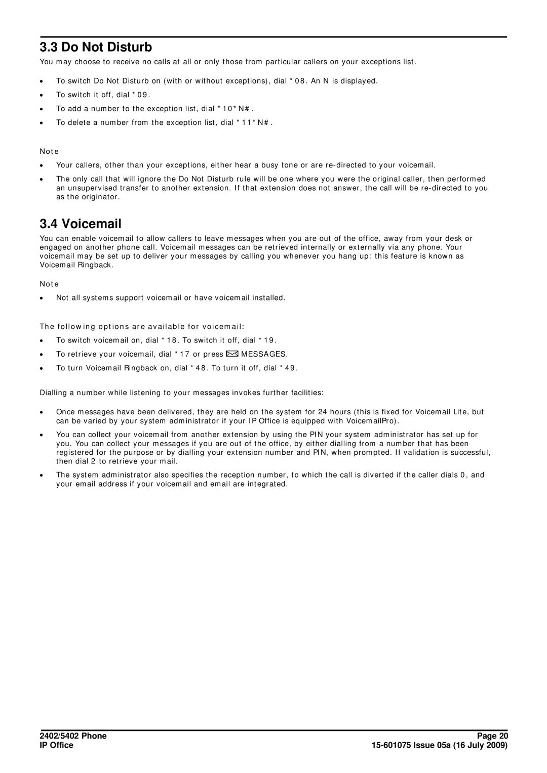 Avaya 15-601075 manual Do Not Disturb, Voicemail, Following options are available for voicemail 