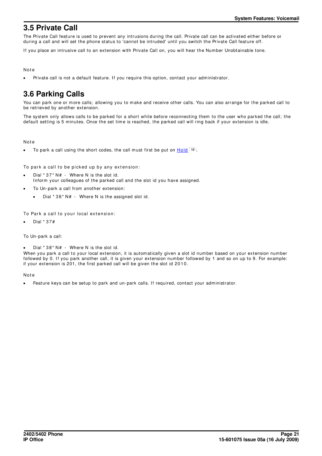 Avaya 15-601075 manual Private Call, Parking Calls, To park a call to be picked up by any extension 