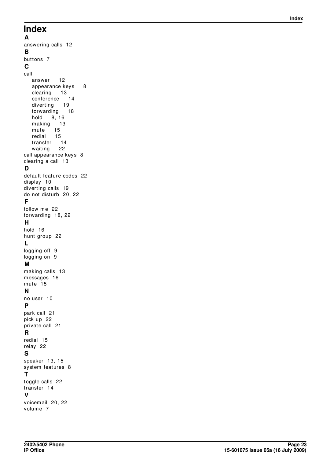 Avaya 15-601075 manual Index 