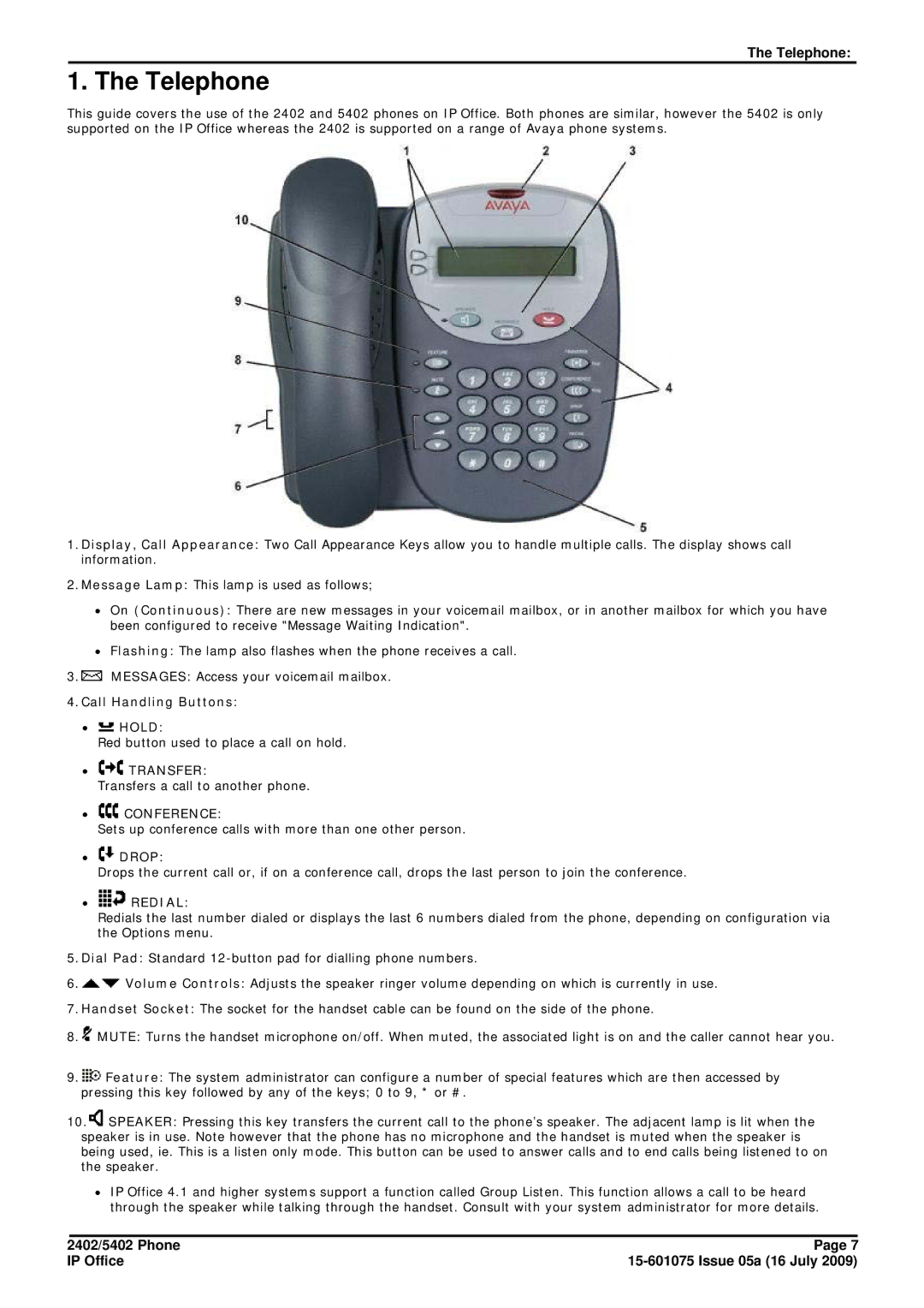 Avaya 15-601075 manual Call Handling Buttons ∙ Hold, ∙ Drop 