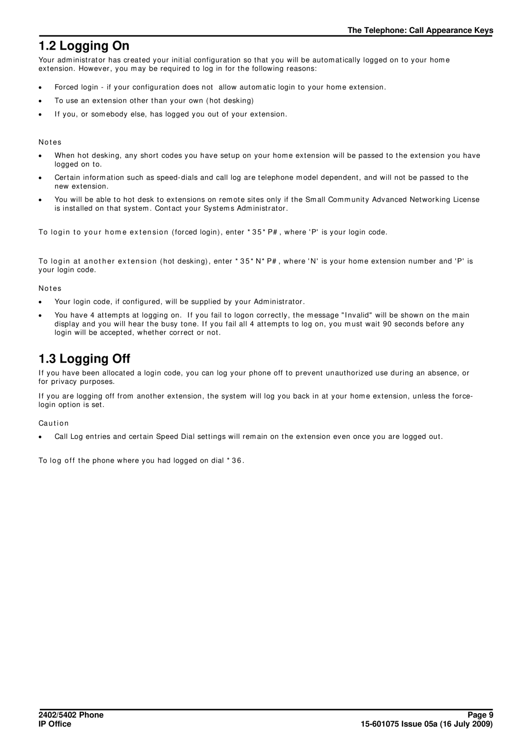 Avaya 15-601075 manual Logging On, Logging Off 