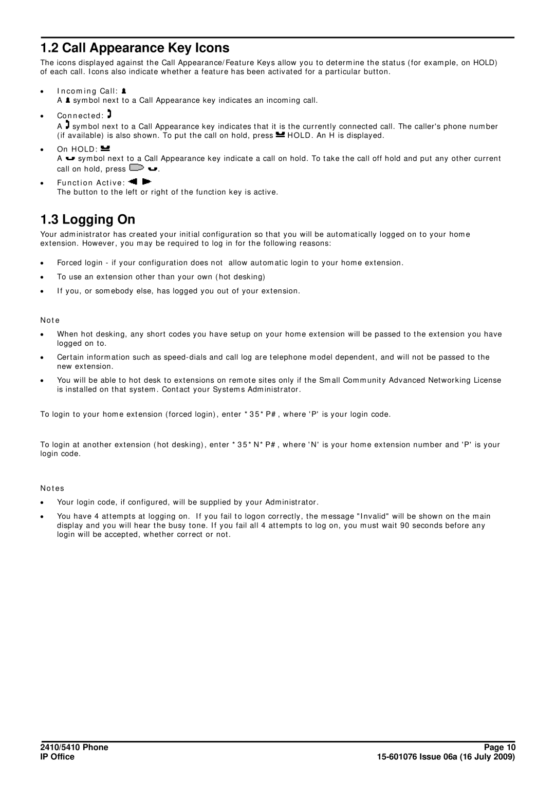 Avaya 15-601076 manual Call Appearance Key Icons, Logging On 