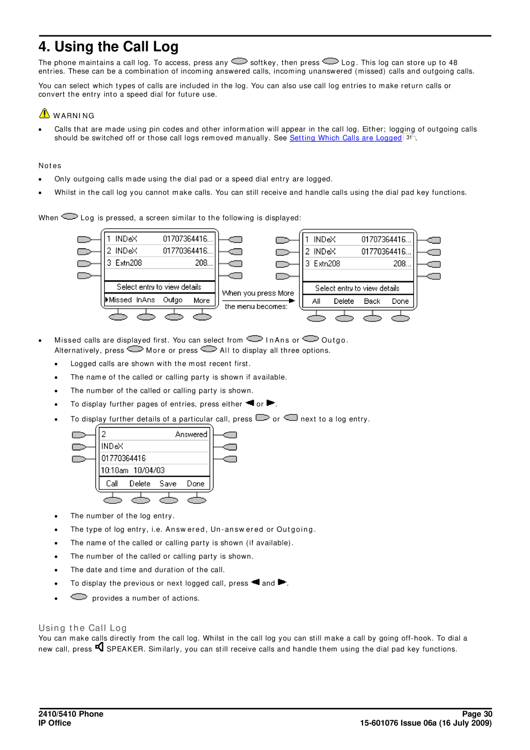 Avaya 15-601076 manual Using the Call Log 