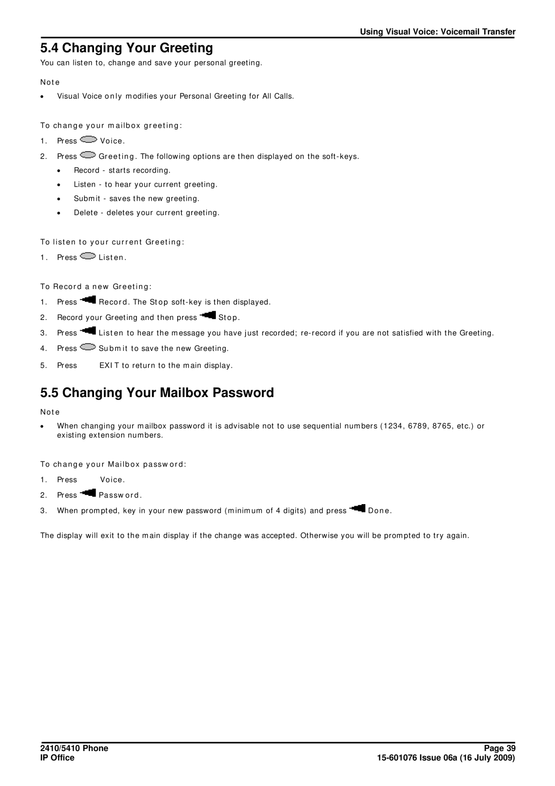 Avaya 15-601076 Changing Your Greeting, Changing Your Mailbox Password, To change your mailbox greeting, Press Password 