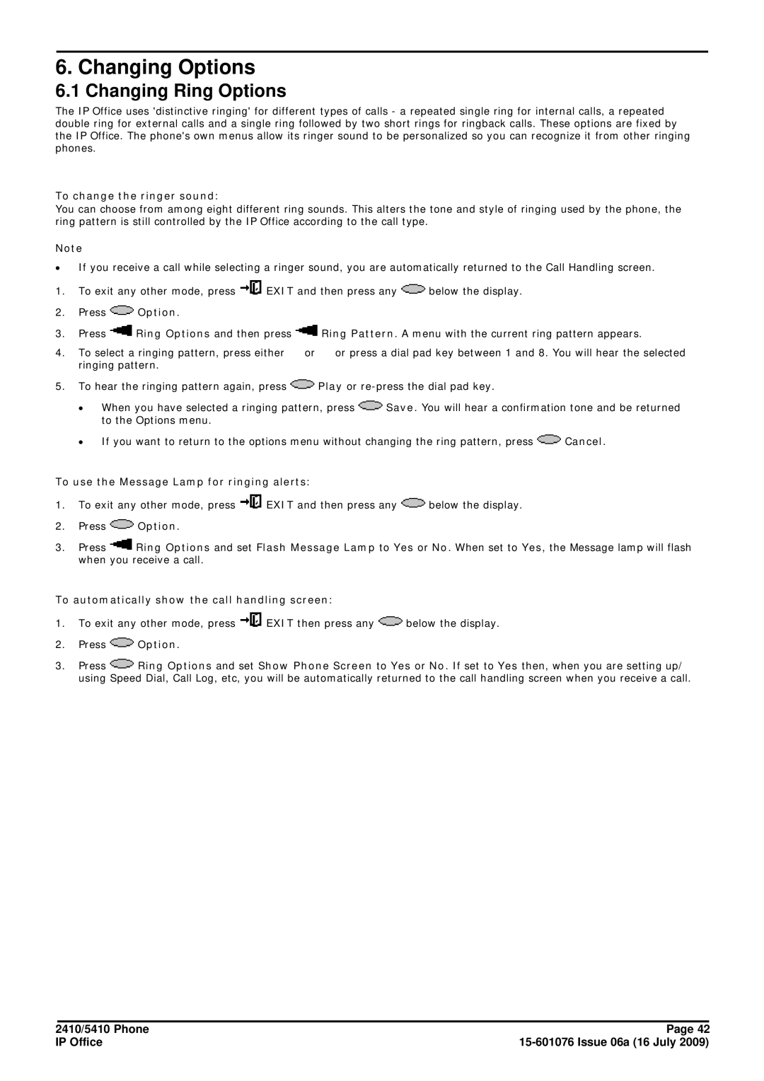 Avaya 15-601076 manual Changing Options, Changing Ring Options, To change the ringer sound 