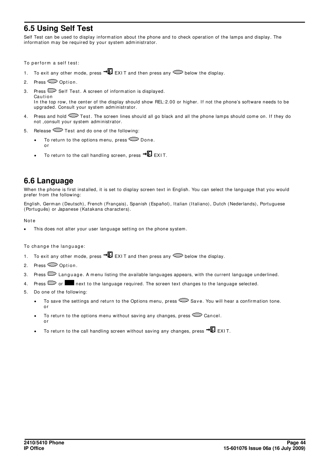 Avaya 15-601076 manual Using Self Test, Language, To perform a self test, To change the language 