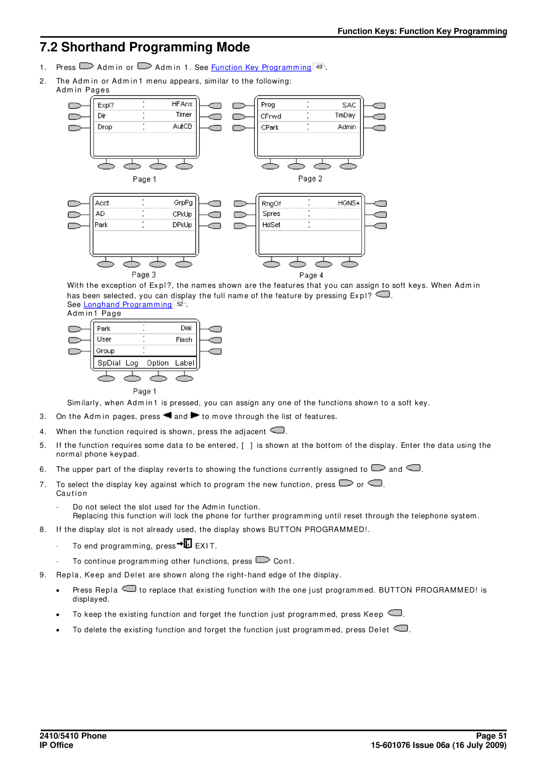 Avaya 15-601076 manual Shorthand Programming Mode, Admin Pages, Admin1 