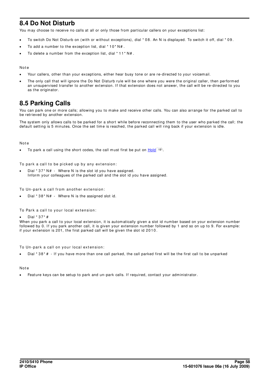 Avaya 15-601076 manual Do Not Disturb, Parking Calls 