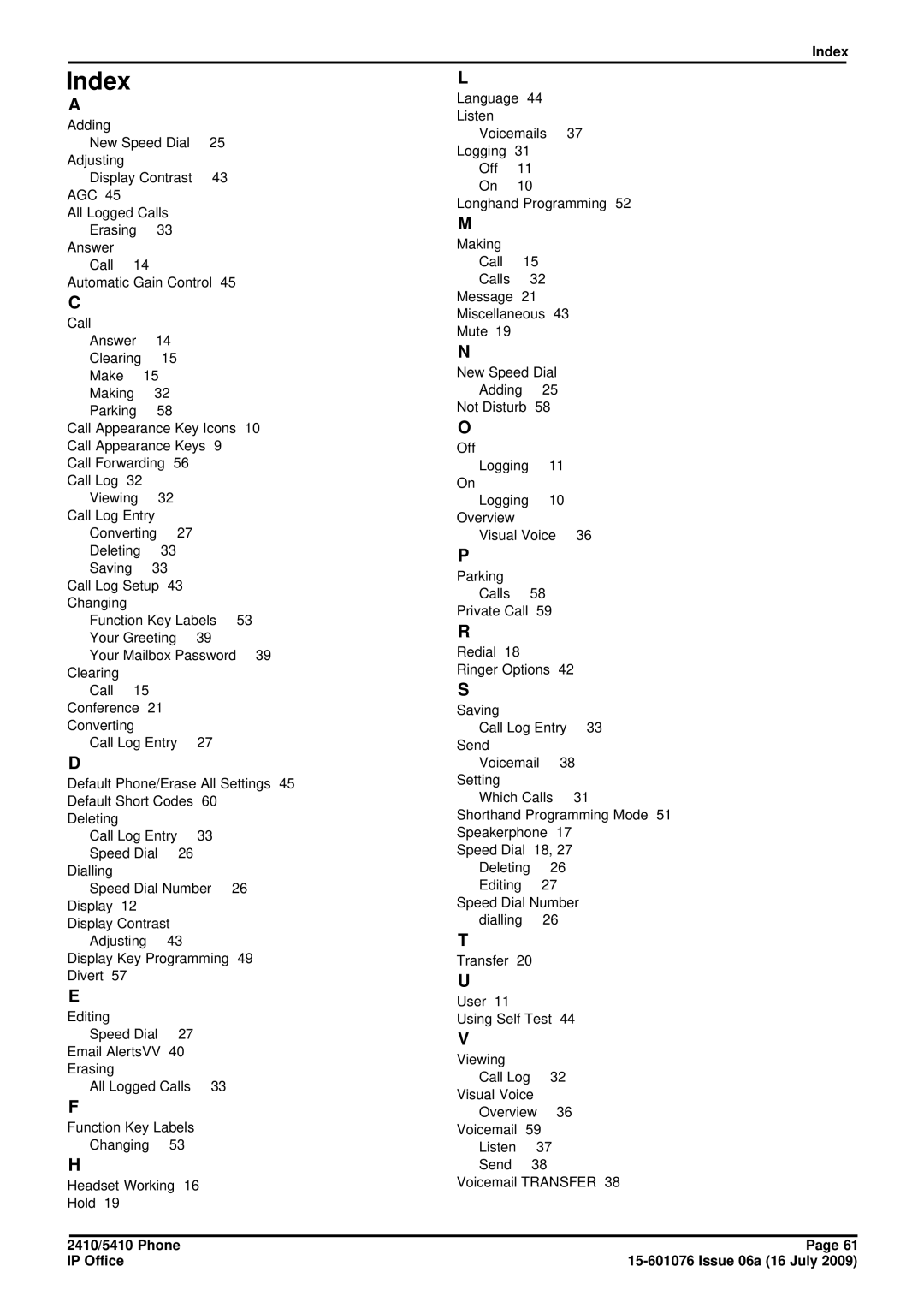 Avaya 15-601076 manual Index 