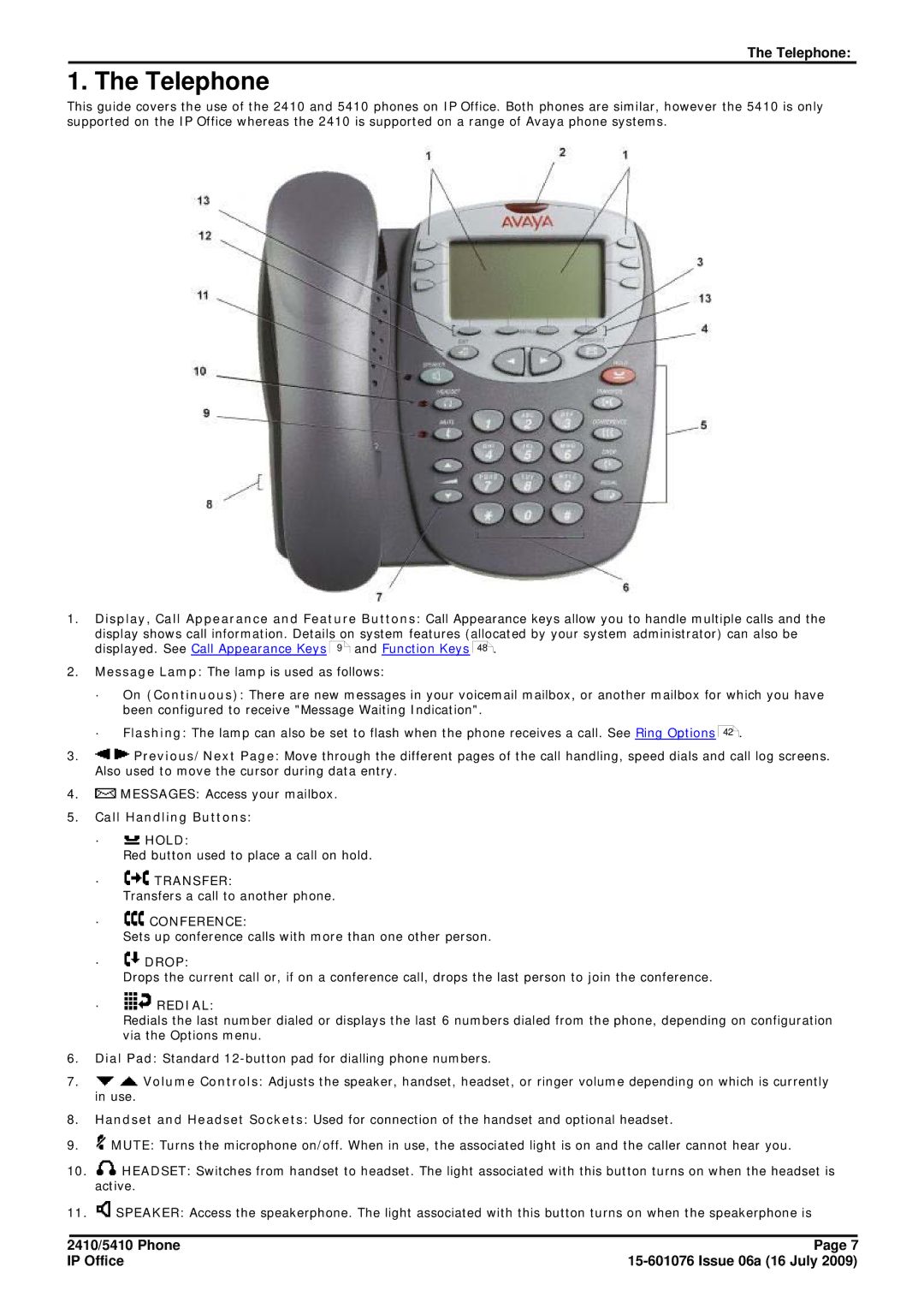 Avaya 15-601076 manual Telephone, Call Handling Buttons · Hold, · Drop 