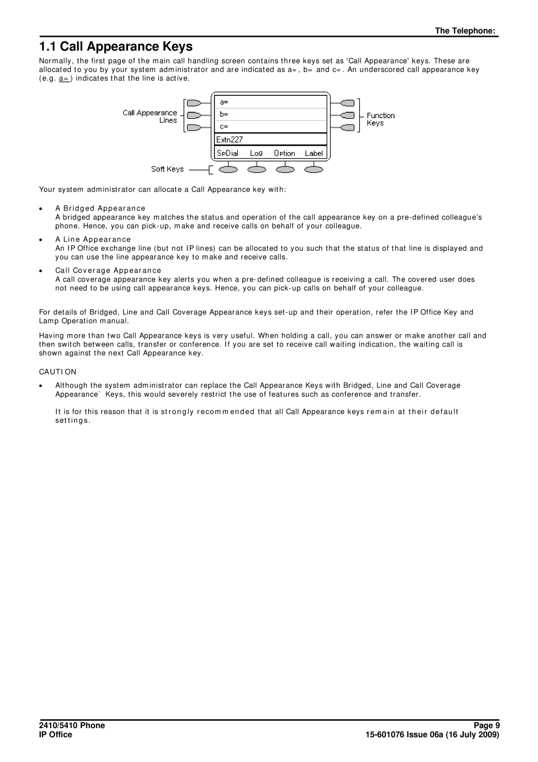 Avaya 15-601076 manual Call Appearance Keys, ∙ a Bridged Appearance, ∙ a Line Appearance, ∙ Call Coverage Appearance 