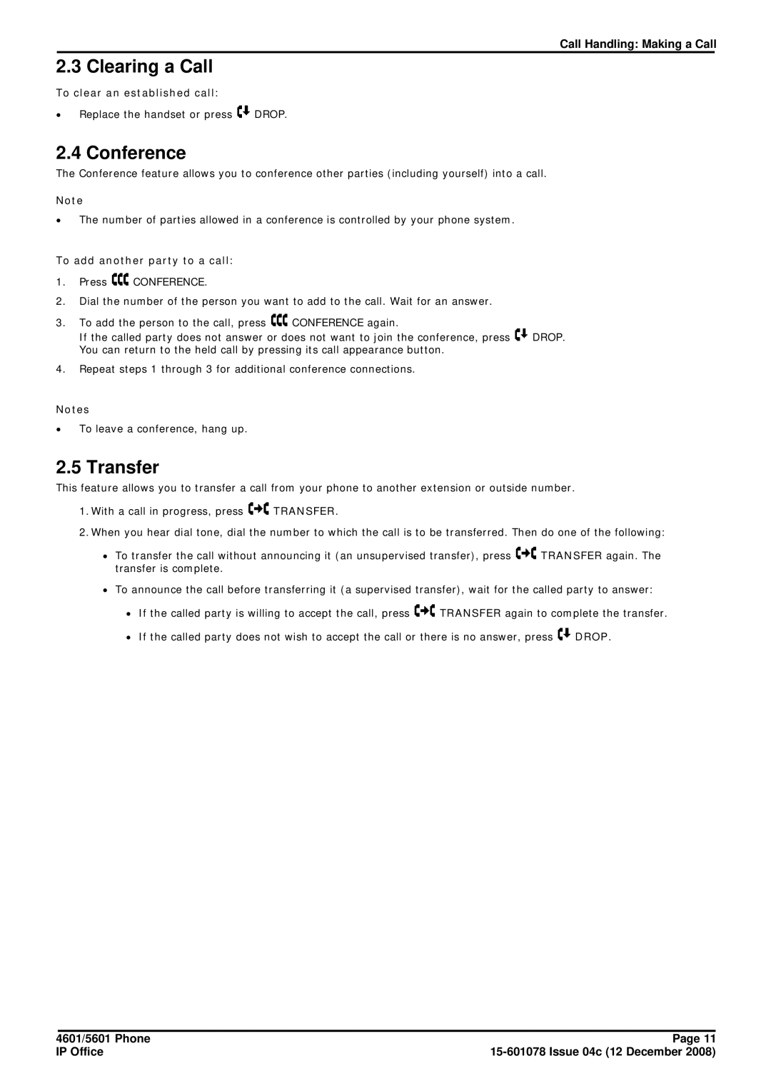 Avaya 15-601078 manual Clearing a Call, Conference, Transfer, To clear an established call, To add another party to a call 