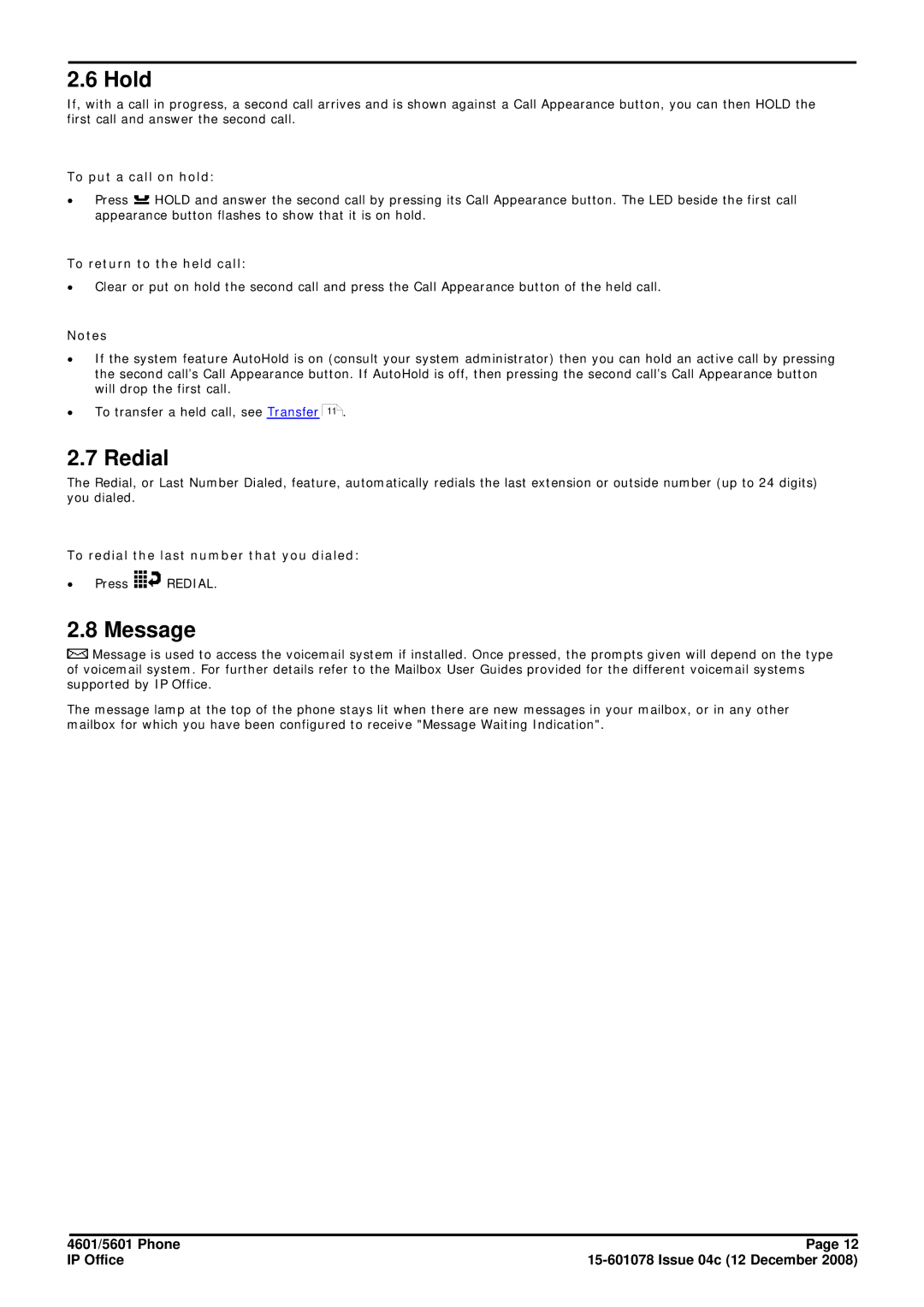 Avaya 15-601078 manual Hold, Redial, Message 
