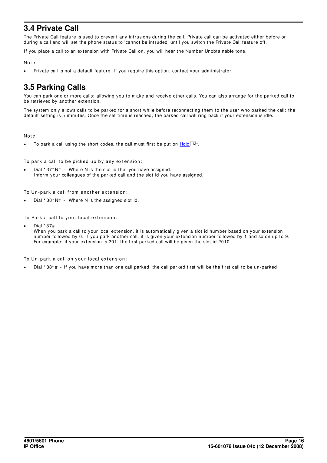 Avaya 15-601078 manual Private Call, Parking Calls 