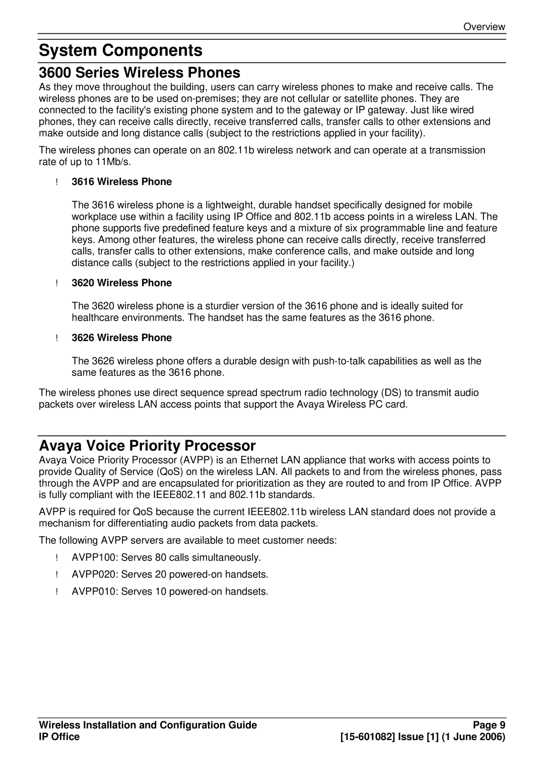 Avaya 15-601082 manual System Components, Series Wireless Phones, Avaya Voice Priority Processor 