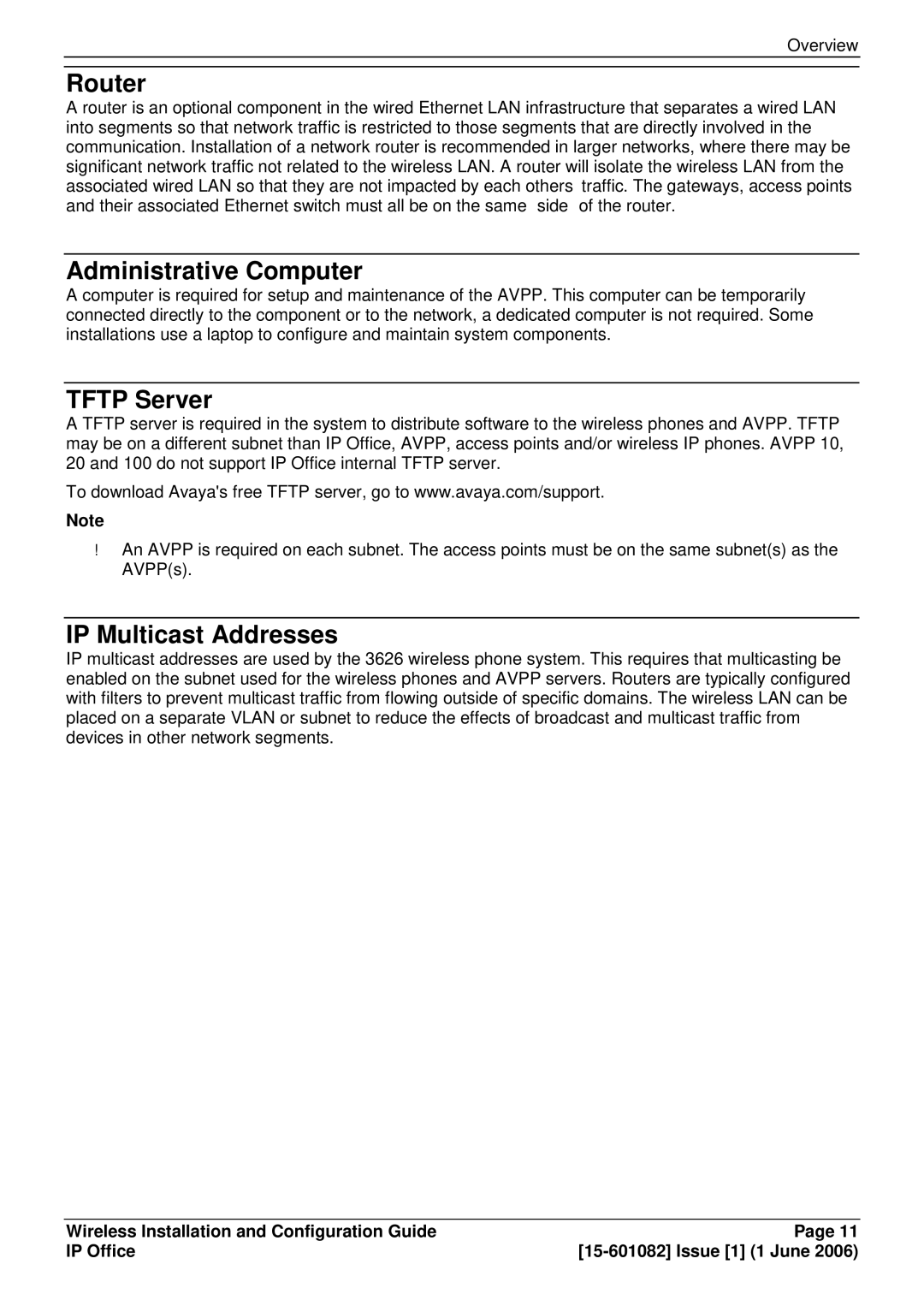 Avaya 15-601082 manual Router, Administrative Computer, Tftp Server, IP Multicast Addresses 