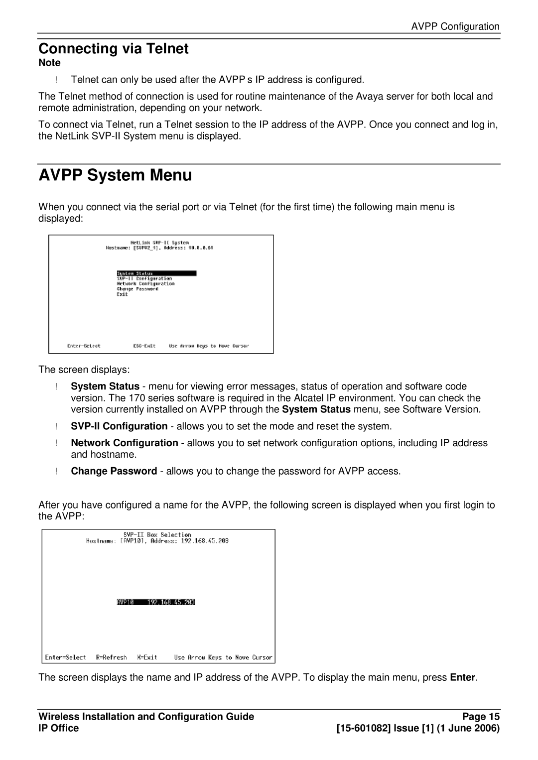 Avaya 15-601082 manual Avpp System Menu, Connecting via Telnet 