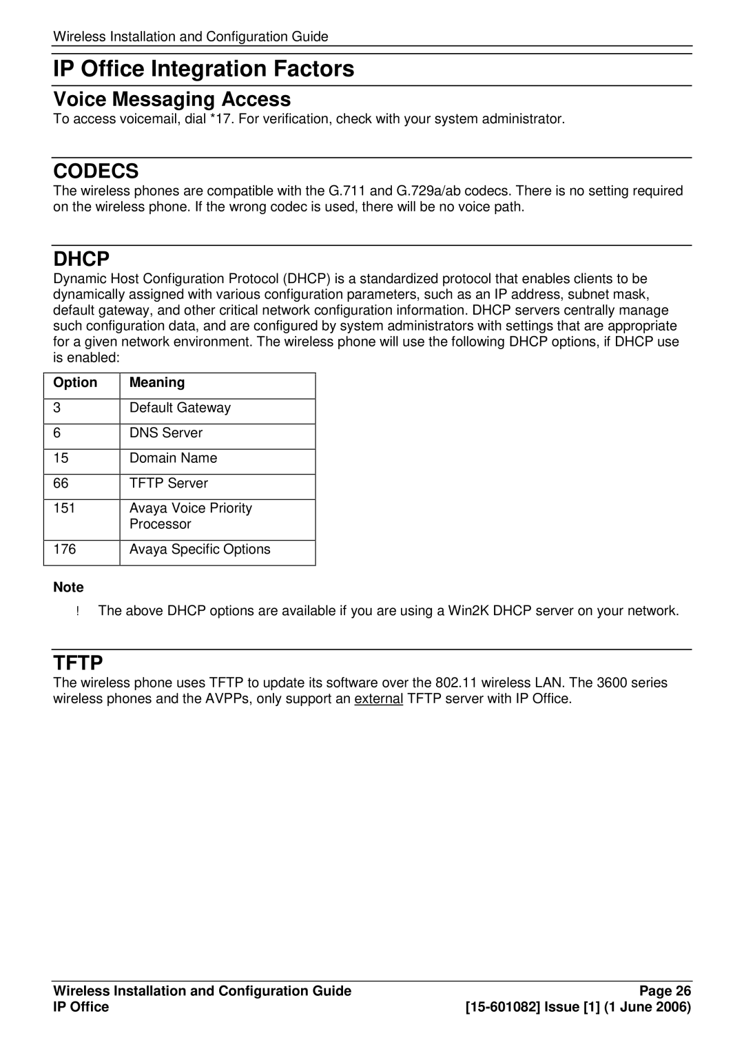 Avaya 15-601082 manual IP Office Integration Factors, Voice Messaging Access, Option, Meaning 