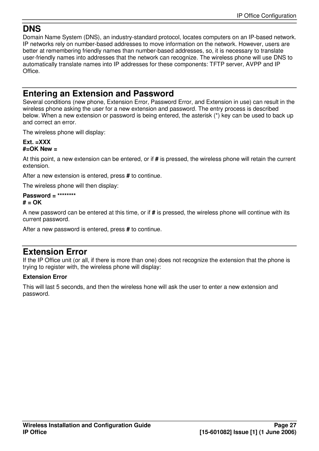 Avaya 15-601082 manual Entering an Extension and Password, Extension Error, Ext. =XXX #=OK New =, Password = # = OK 