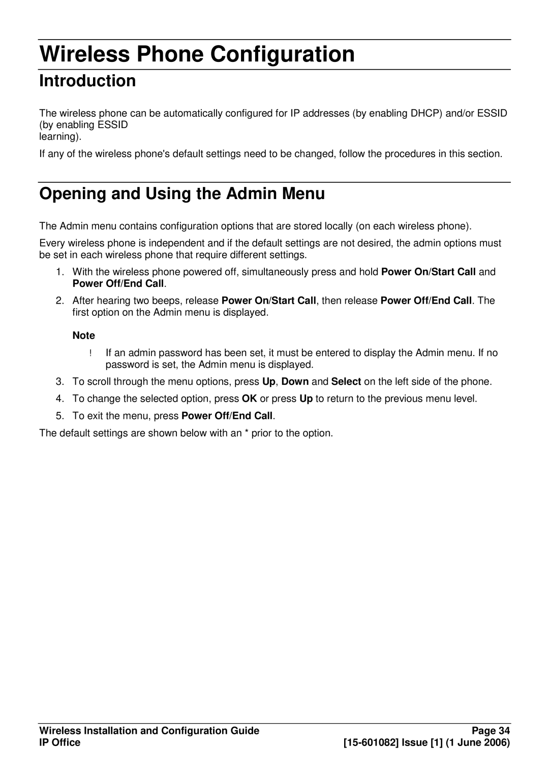 Avaya 15-601082 manual Wireless Phone Configuration, Opening and Using the Admin Menu 