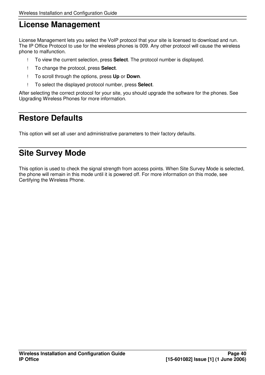 Avaya 15-601082 manual License Management, Restore Defaults, Site Survey Mode 