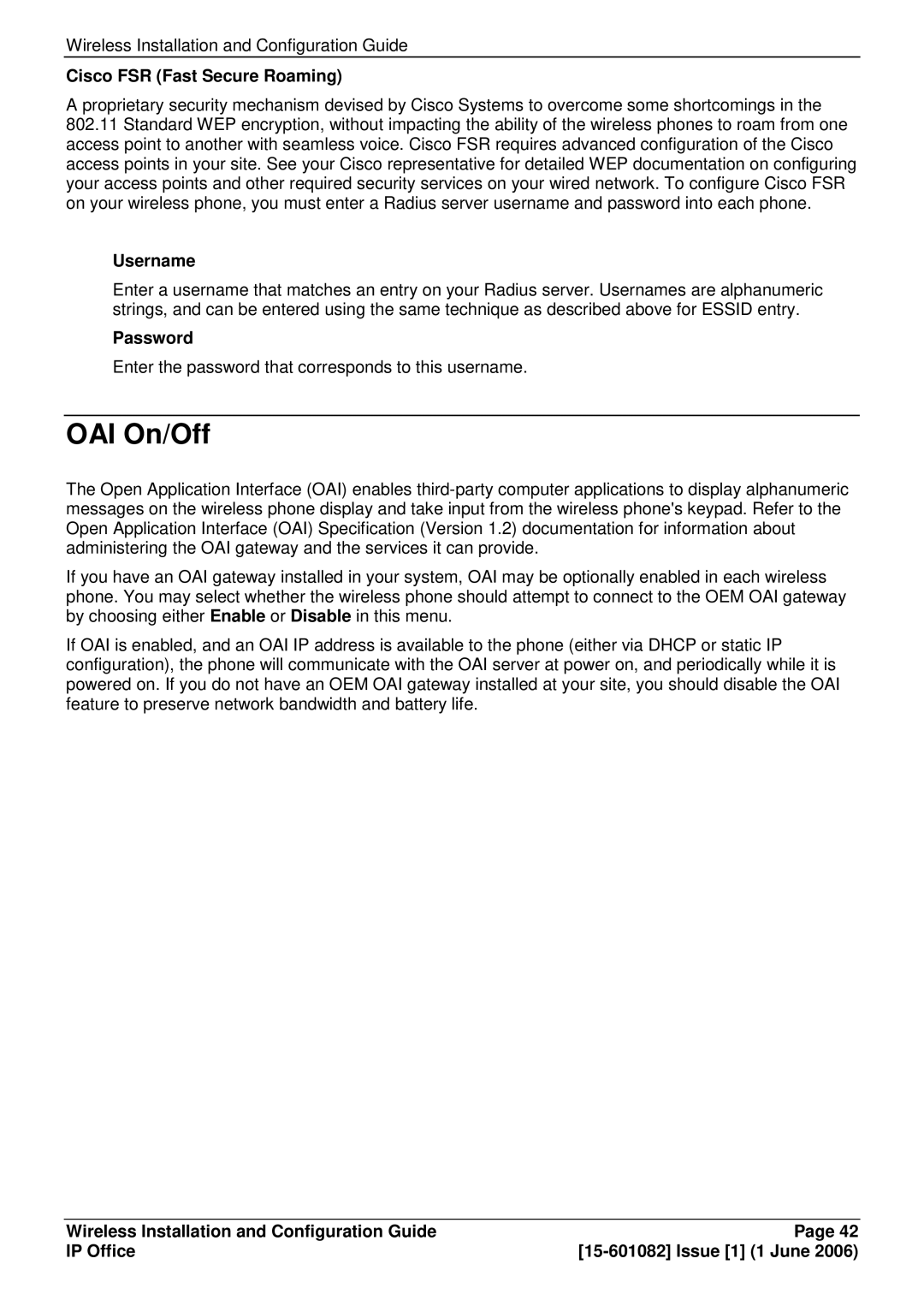 Avaya 15-601082 manual OAI On/Off, Cisco FSR Fast Secure Roaming, Username, Password 