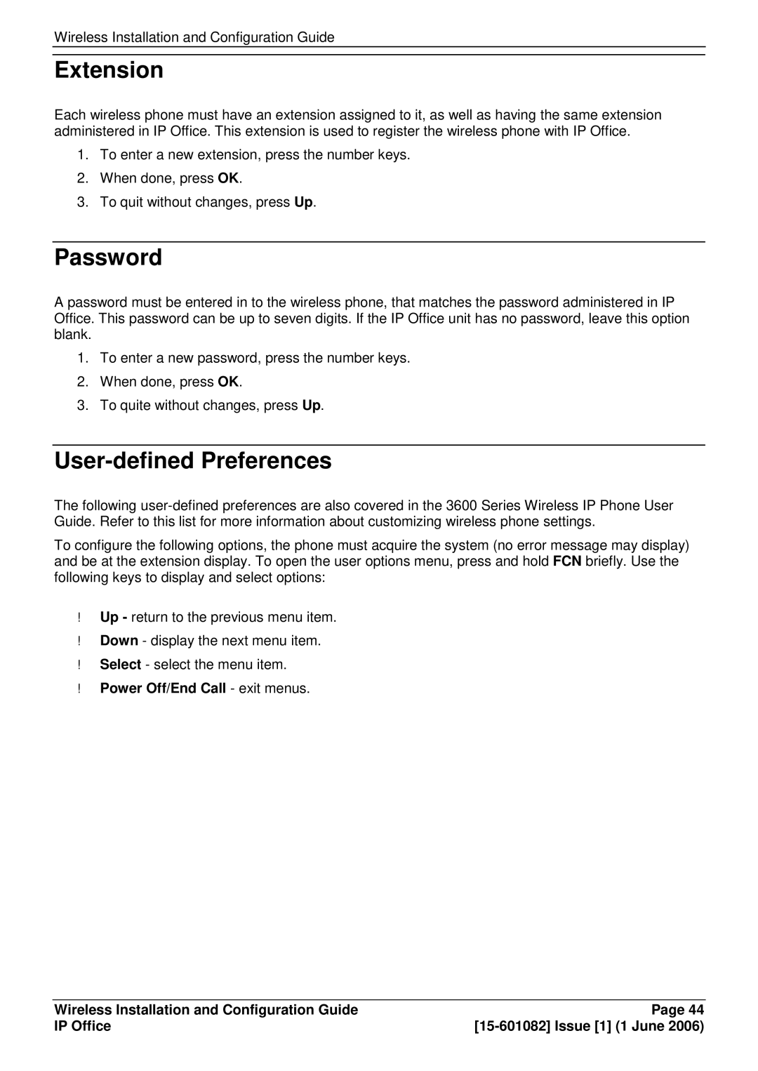 Avaya 15-601082 manual Extension, Password, User-defined Preferences 