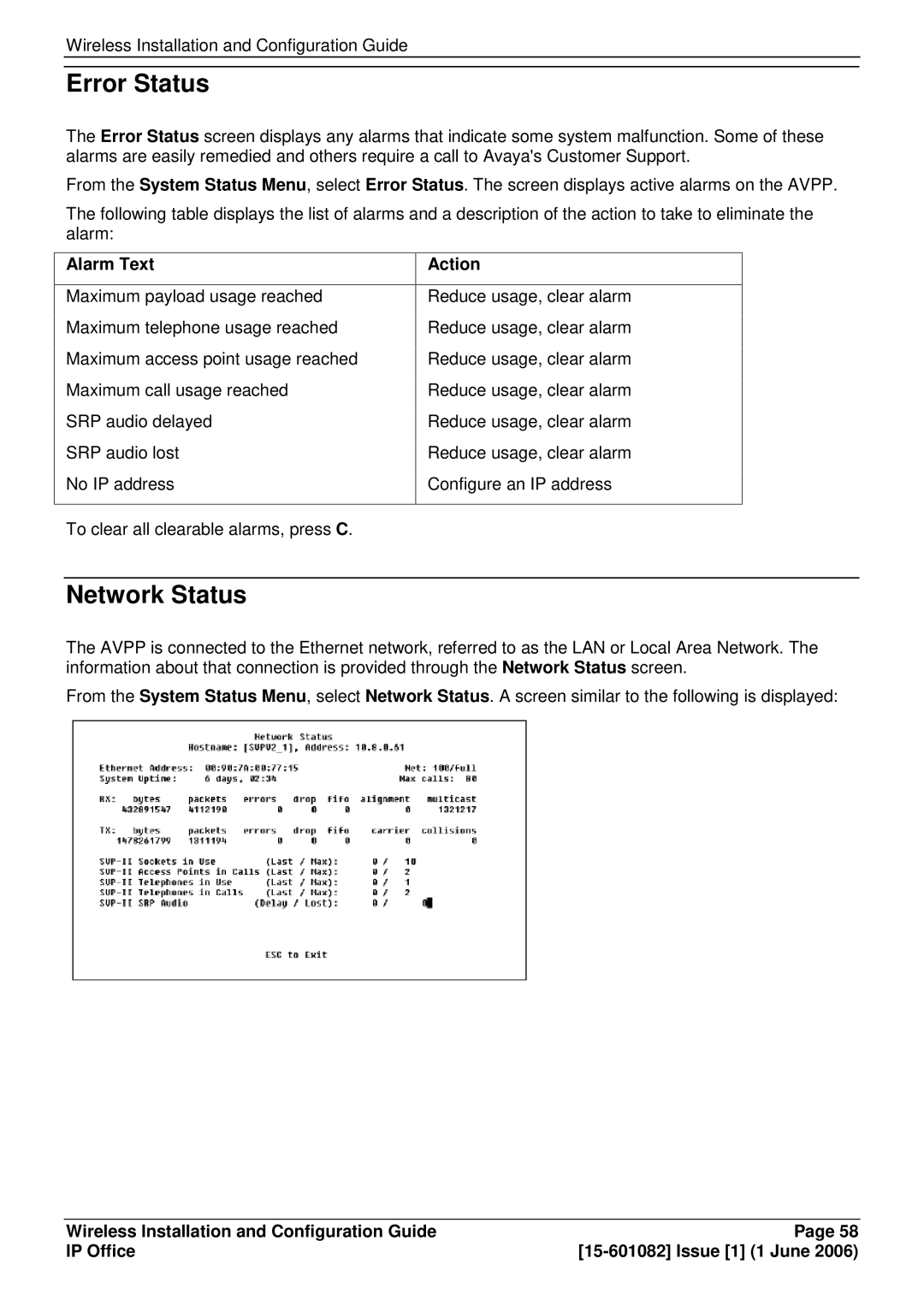 Avaya 15-601082 manual Error Status, Network Status, Alarm Text, Action 