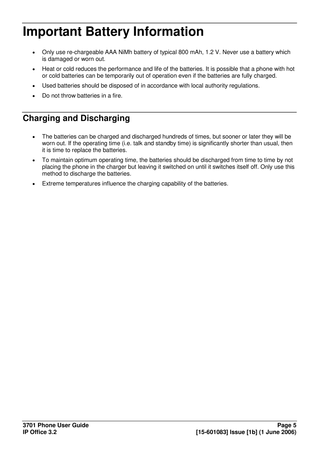 Avaya 15-601083 manual Important Battery Information, Charging and Discharging 