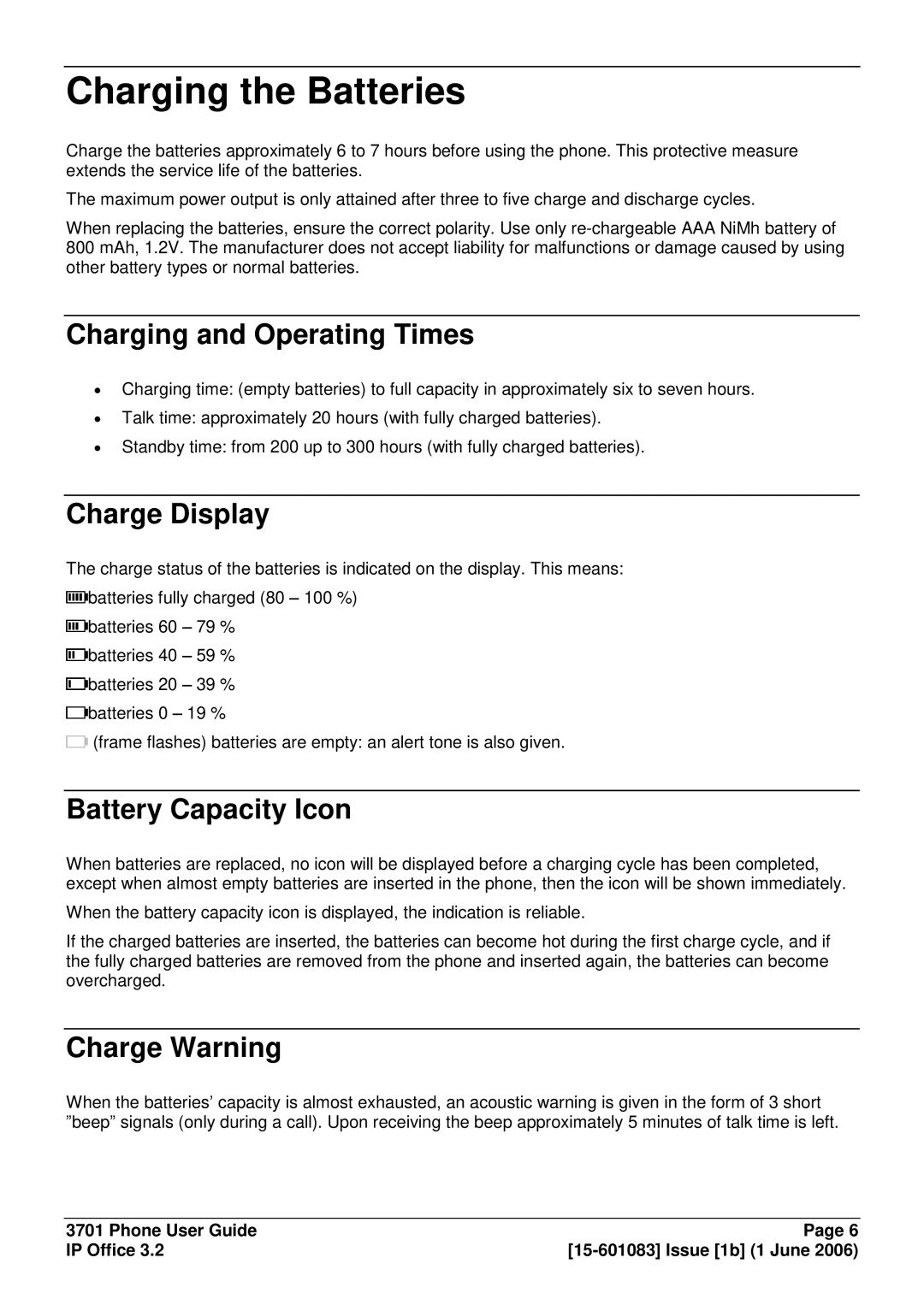 Avaya 15-601083 manual Charging the Batteries, Charging and Operating Times, Charge Display, Battery Capacity Icon 