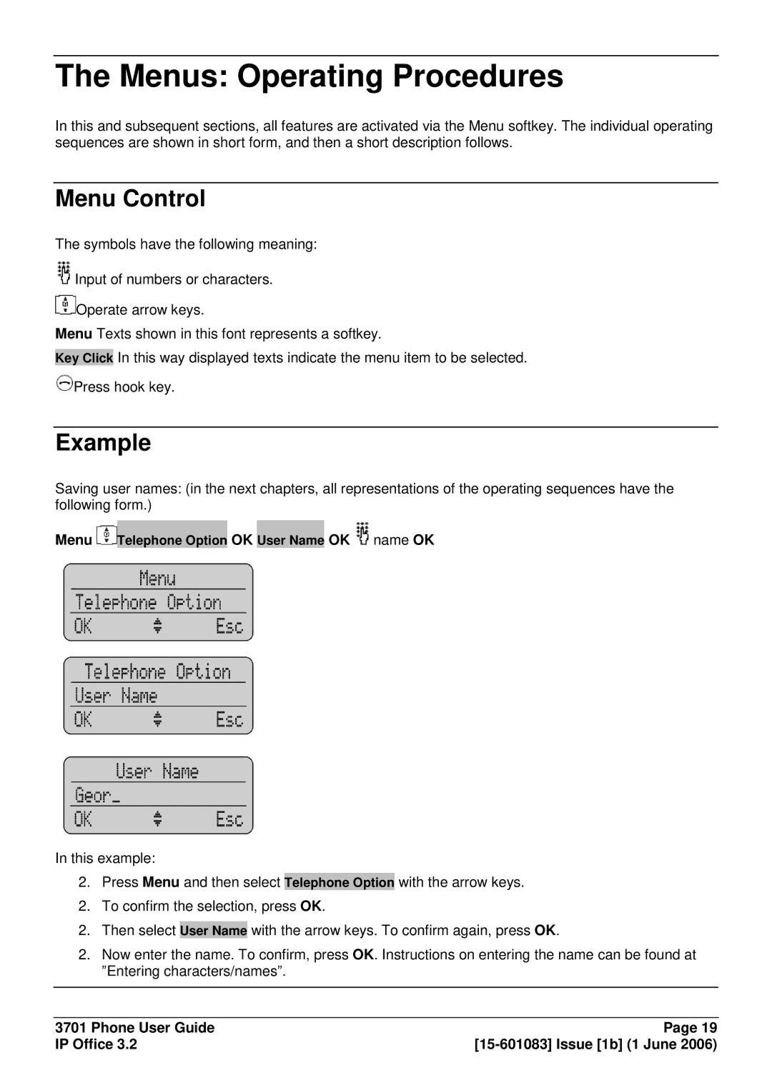 Avaya 15-601083 manual Menus Operating Procedures, Menu Control, Example 