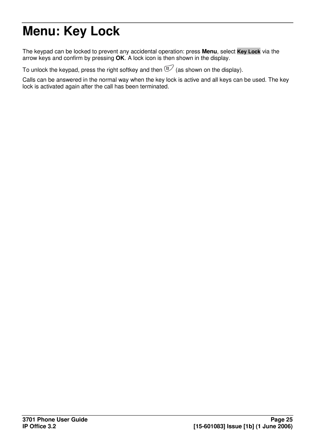 Avaya 15-601083 manual Menu Key Lock 