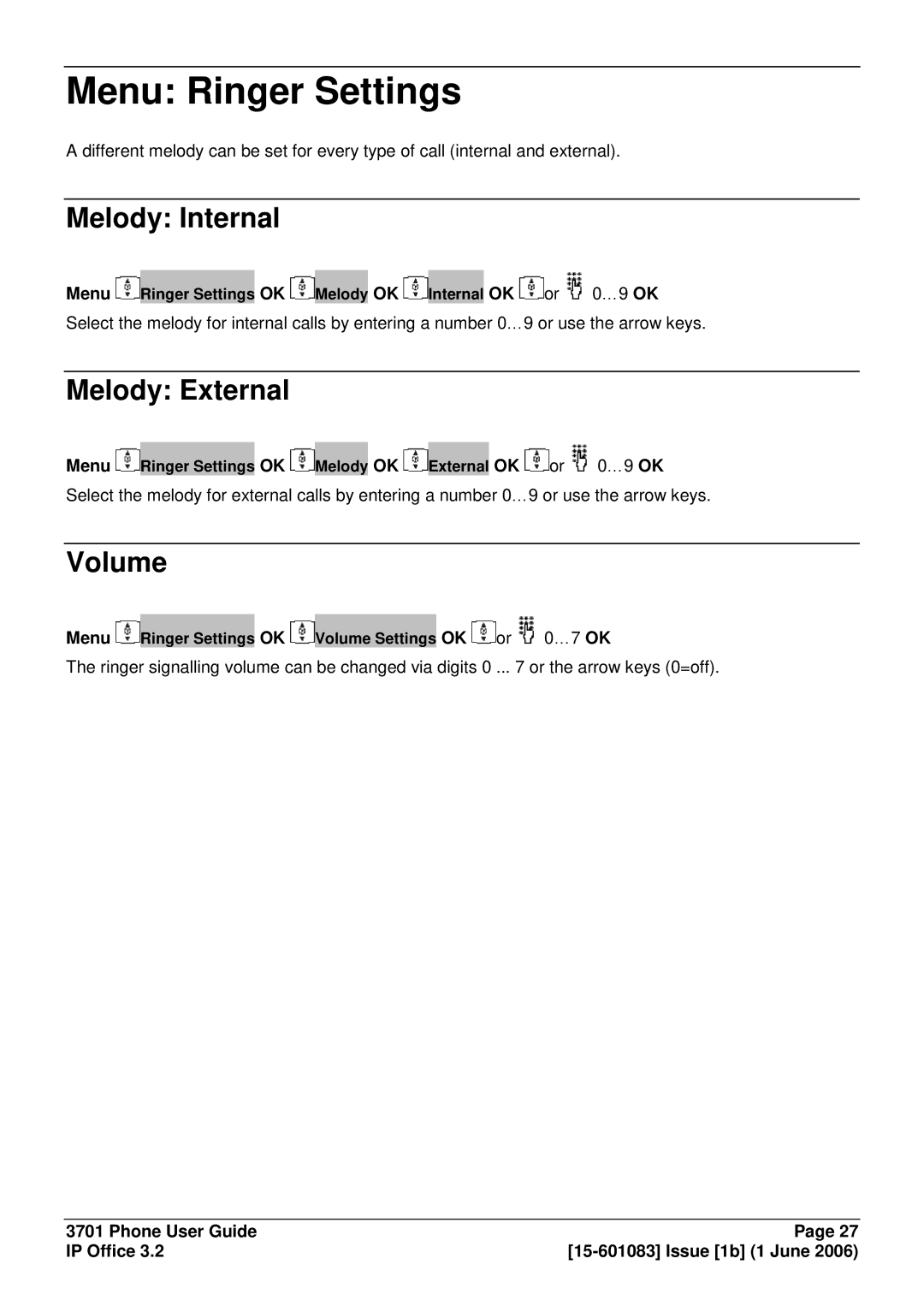 Avaya 15-601083 manual Menu Ringer Settings, Melody Internal, Melody External, Volume 