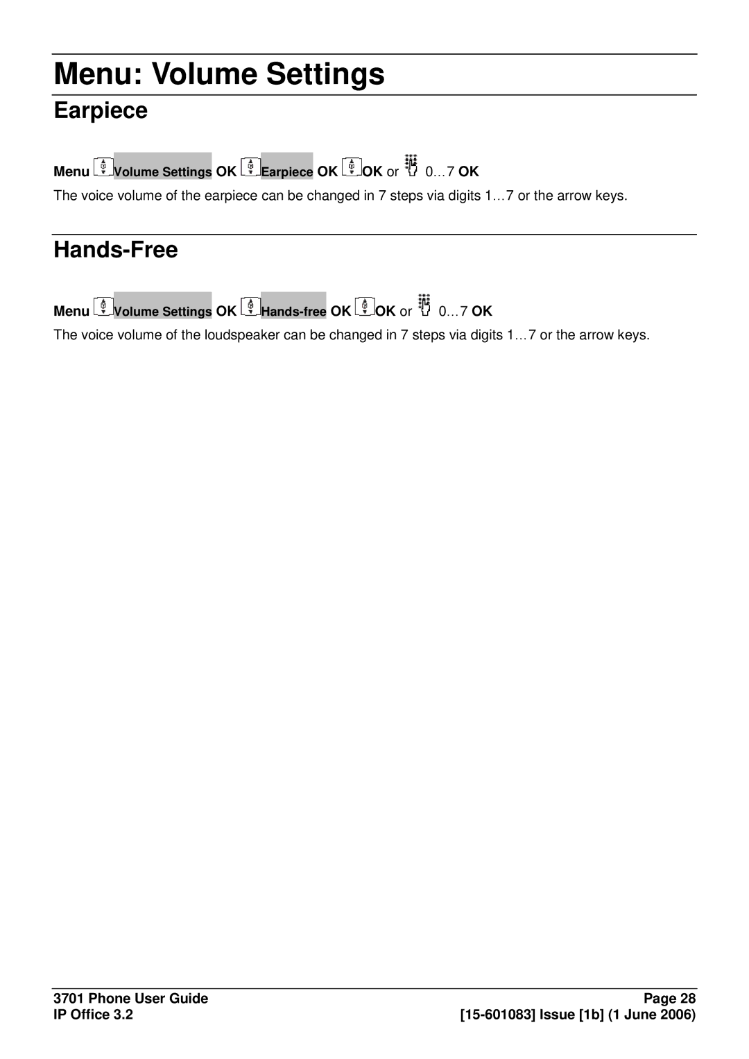 Avaya 15-601083 manual Menu Volume Settings, Earpiece, Hands-Free 